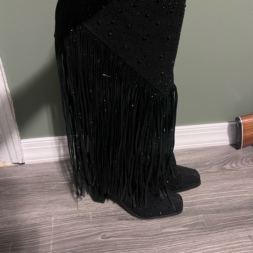 Jessica Simpson Rhinestone Black Fringe Heeled Boots